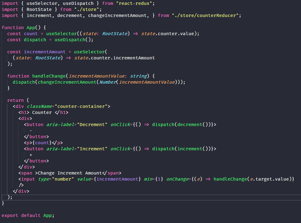 completed redux state and actions ready to use in components example code