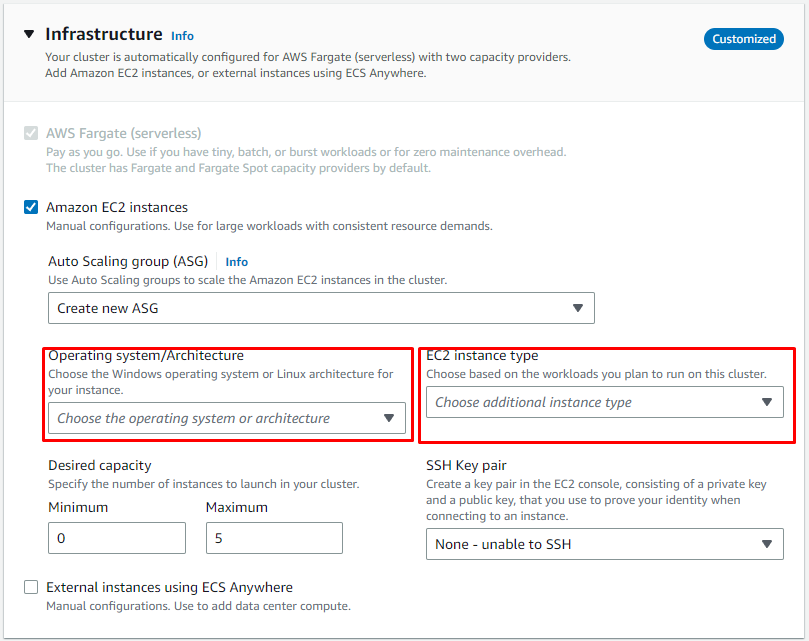 AWS EC2 Instance type and Key Pair Settings User Interface