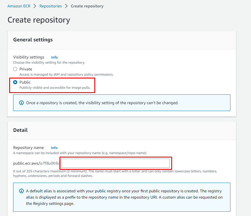 Creating New Repository in AWS ECR user interface