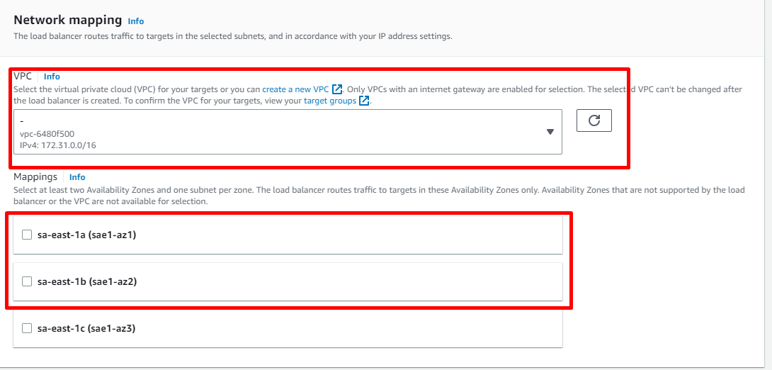 AWS EC2 Load Balancer Network Mapping Settings Interface