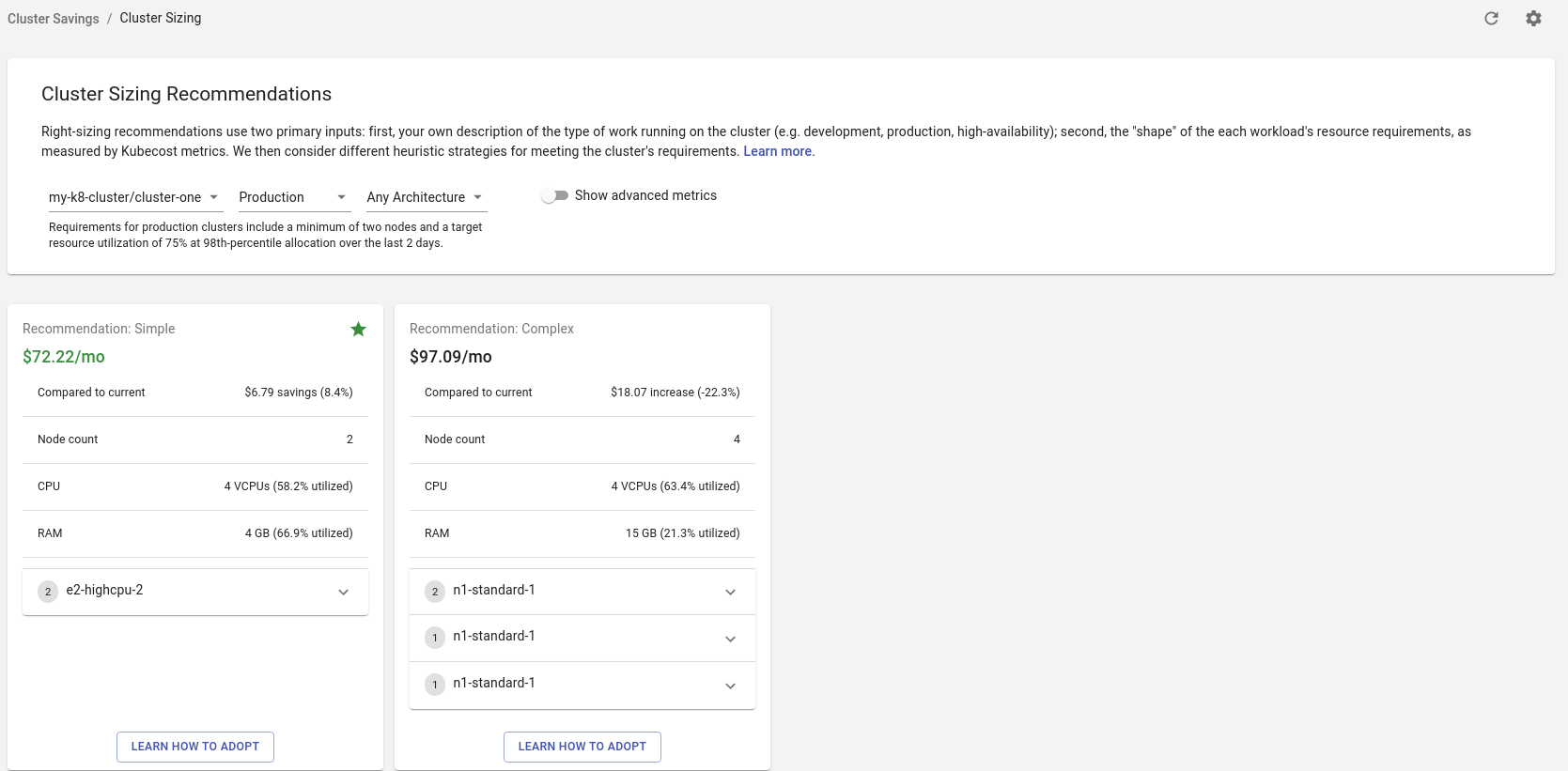 Kubecost Cluster Sizing Recommendatios Menu Main View