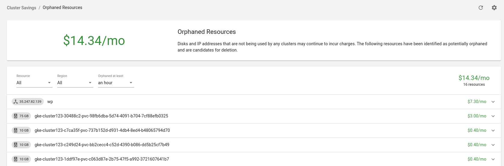 Kubecost Orphaned Resources Menu Main View