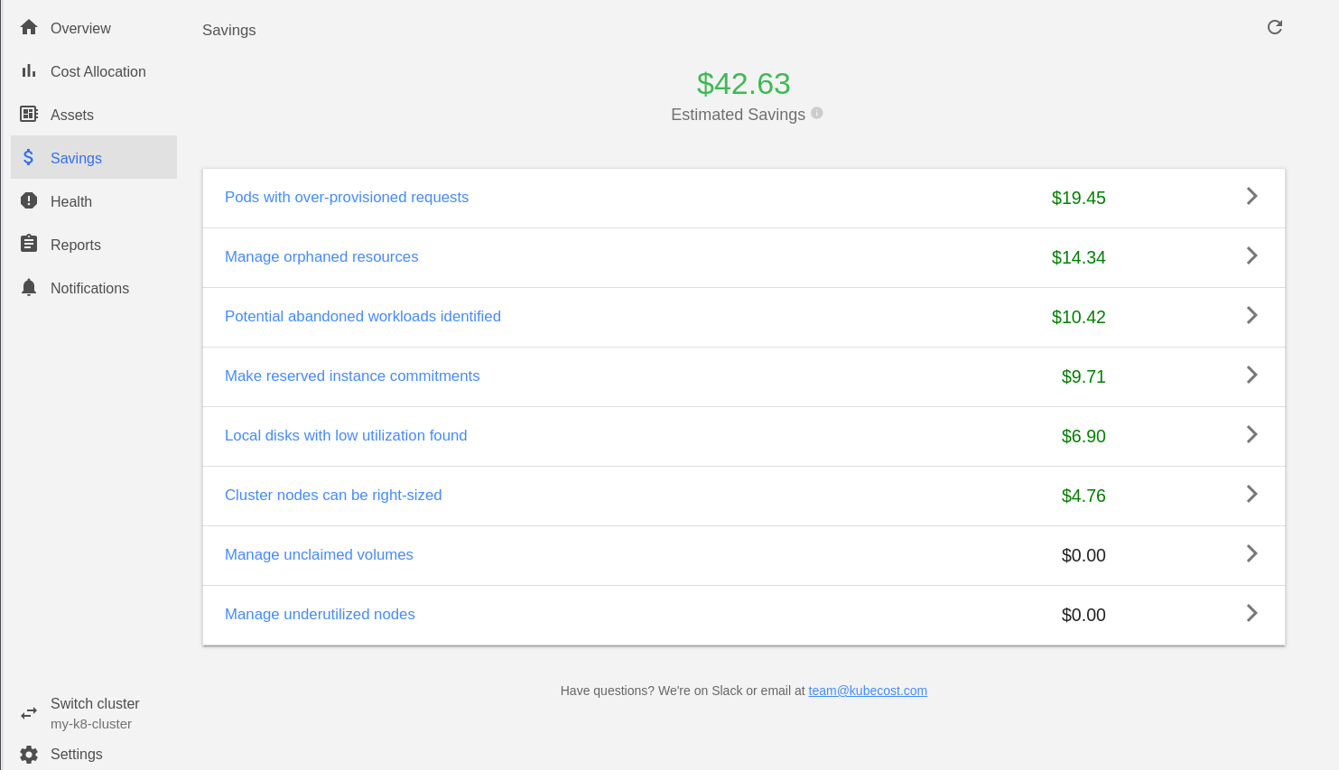 Kubecost Savings Menu