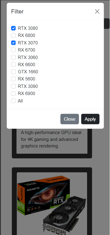 Example of a mobile app filter component built with React