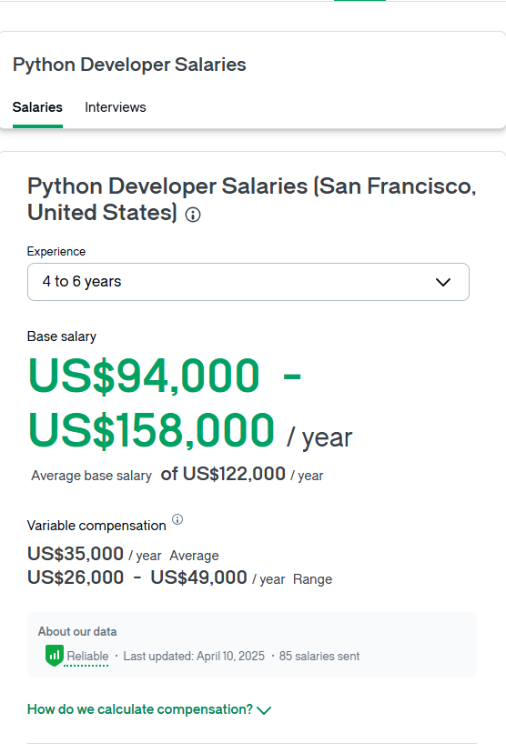 Senior Python Developer Salary 2026 - US- Glassdoor
