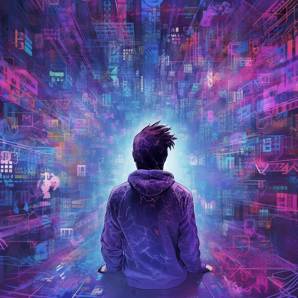 Digital art of a person in a purple hoodie sitting with their back to the viewer, facing a glowing futuristic cityscape with neon blue and pink colors.
