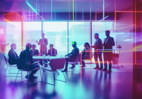 Silhouettes of businesspeople in a modern office meeting with colorful digital light overlays.