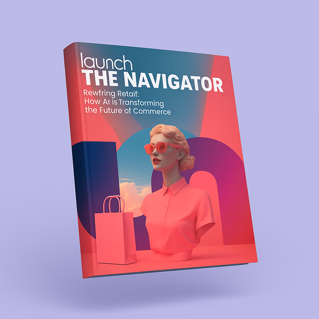 Book cover titled 'Launch The Navigator' with a pink bust wearing sunglasses and a shopping bag on a purple background.