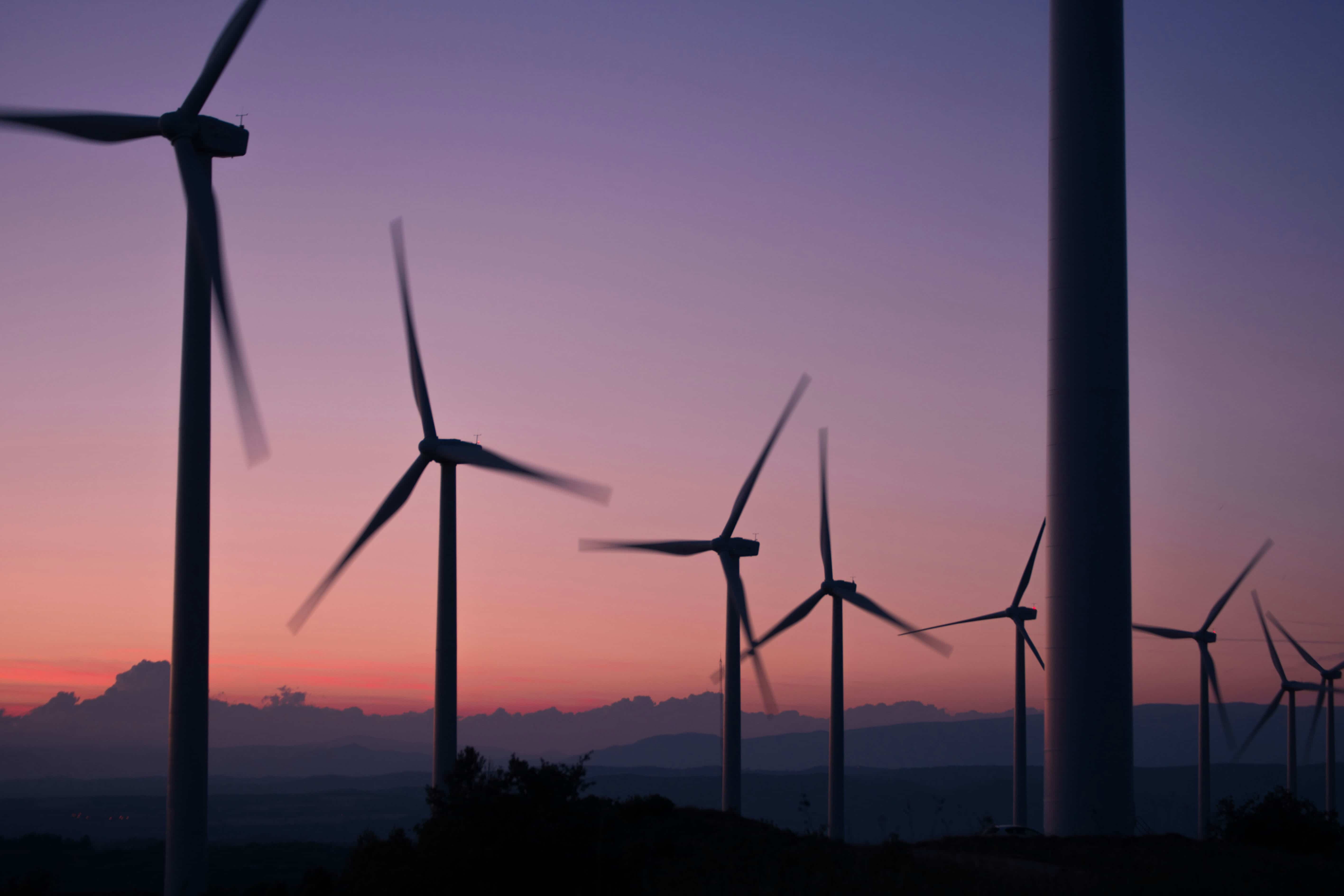 Silhouettes of multiple wind turbines spinning at sunset with a purple and pink sky backdrop.