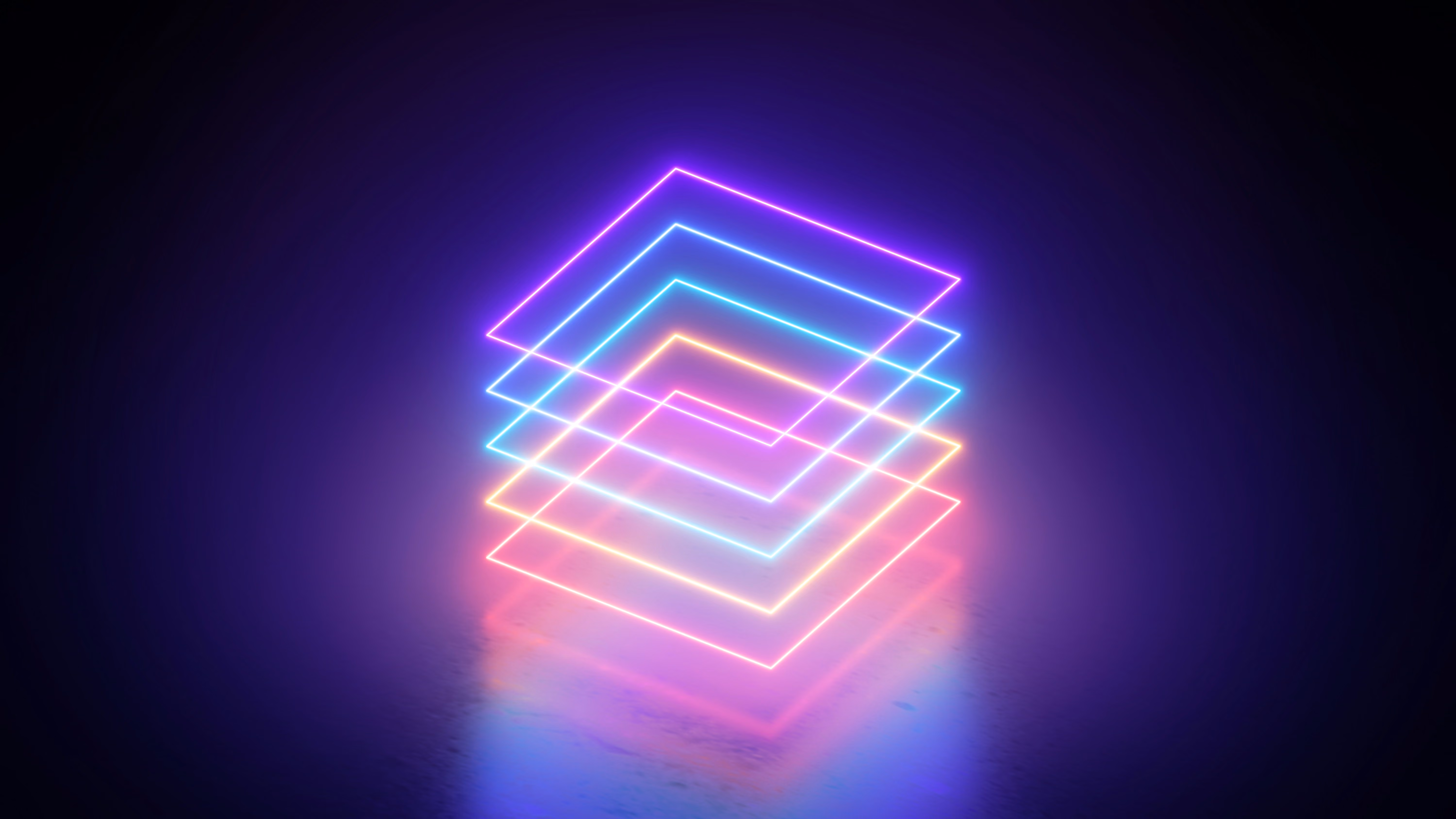 Four glowing neon squares stacked in 3D, with pink, blue, and orange hues on a dark background.