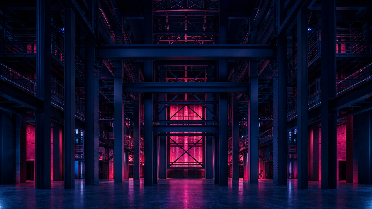 Warehouse interior with structural steel and magenta light