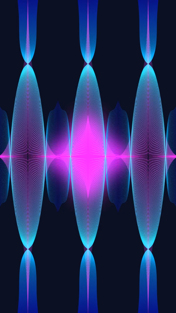 Symmetrical neon blue and pink abstract shapes resembling sound waves on a black background.