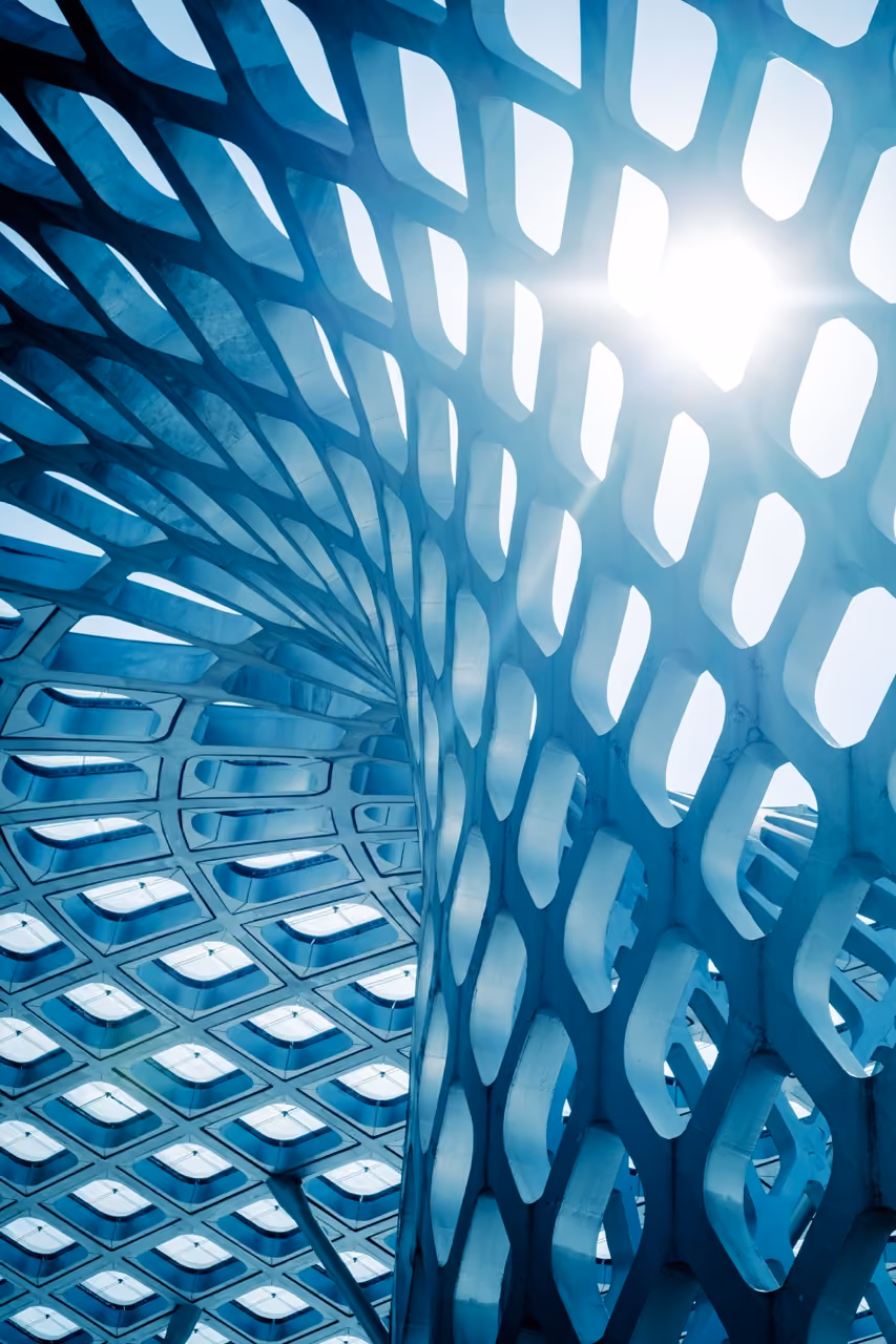 Curved futuristic architectural structure with a lattice pattern backlit by bright sunlight.