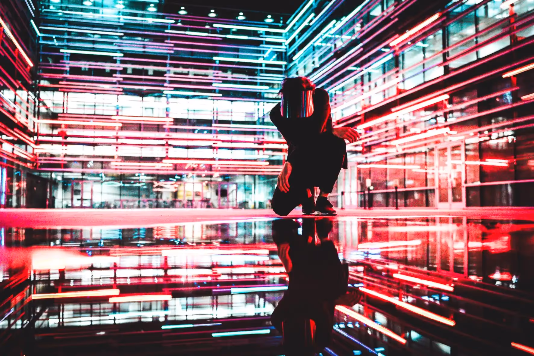 neon background with man in mask