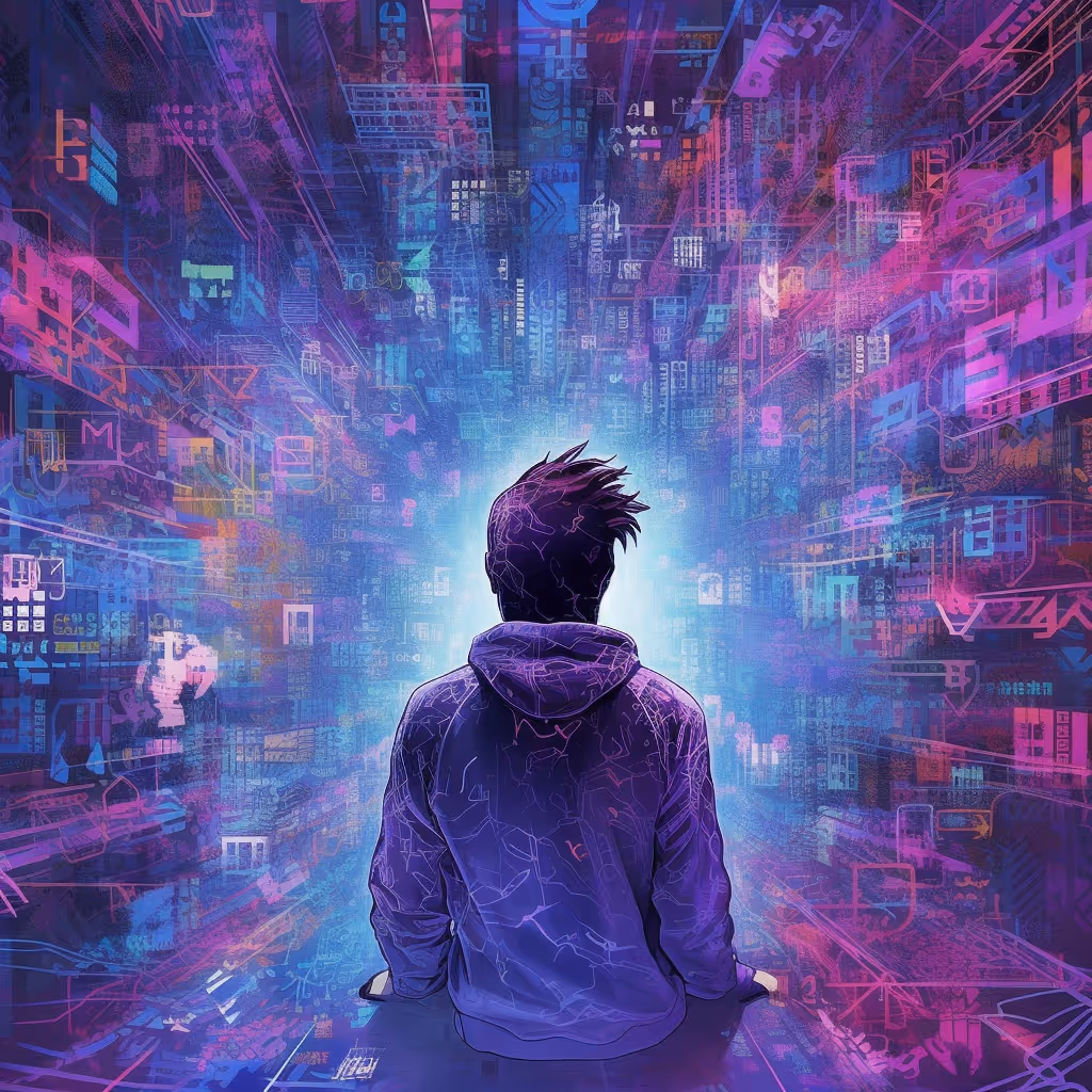 A person overwhelmed with a matrix of images and information surrounding them