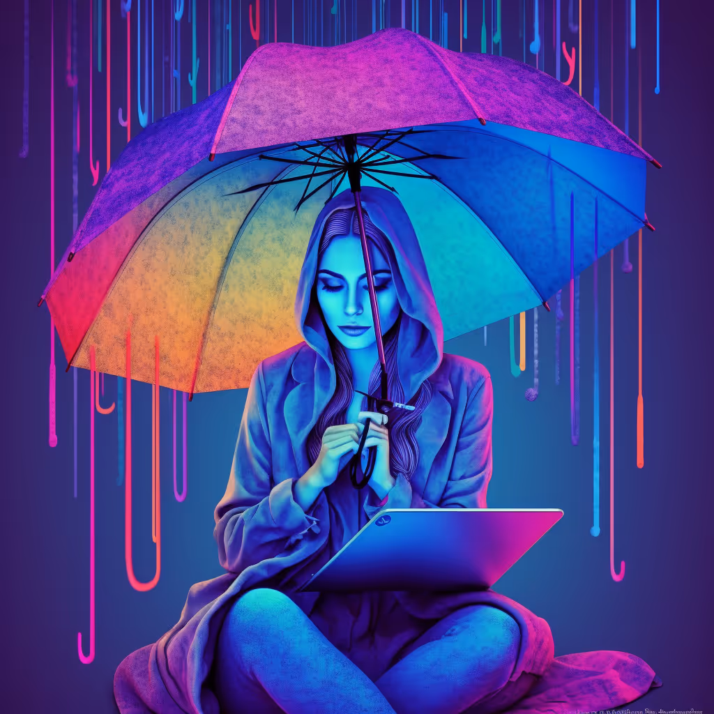 An AI generated image of a woman with a laptop, covered by an umbrella as it rains