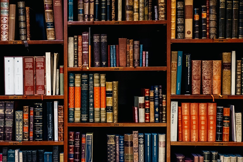 Legal books on wooden bookshelf