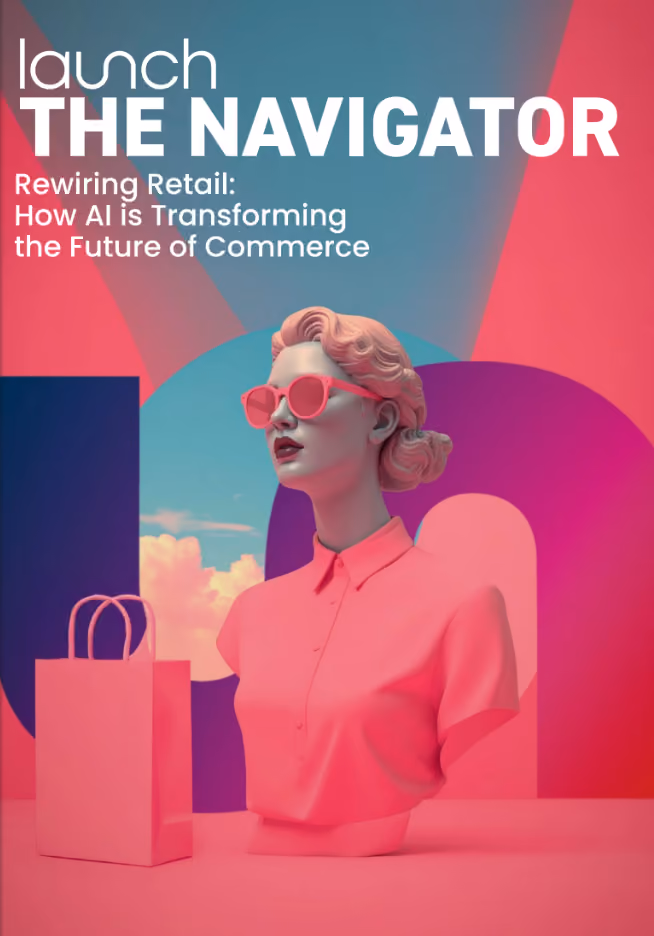Stylized pink bust of a woman with sunglasses next to a shopping bag and bold text about AI in retail.