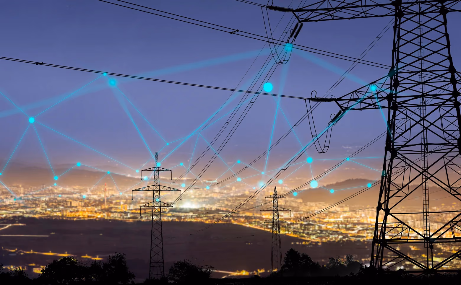 Electricity pylons with power lines and glowing connection points over a cityscape at dusk.