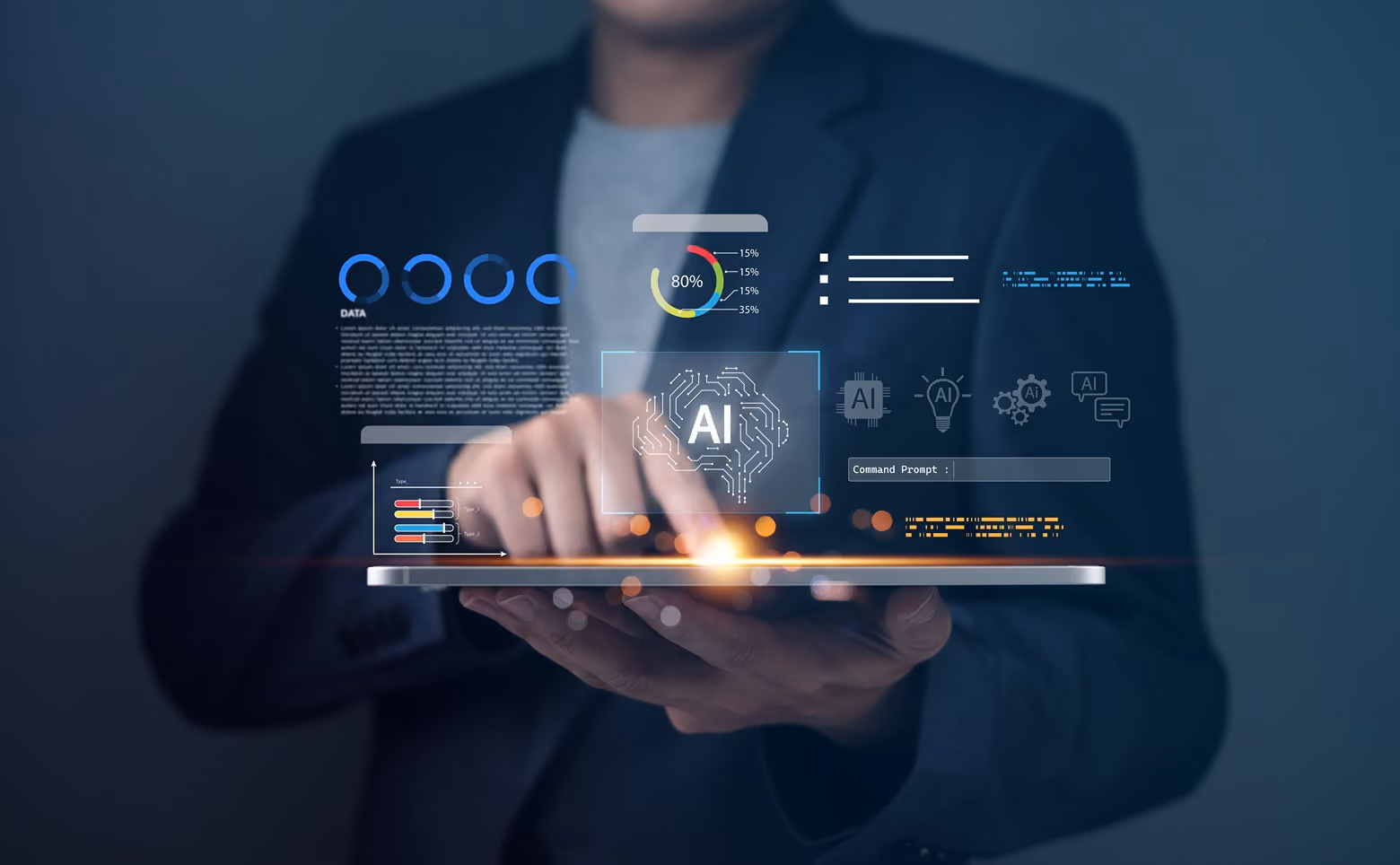 Person in suit holding tablet with AI and data visualization graphics floating above it.