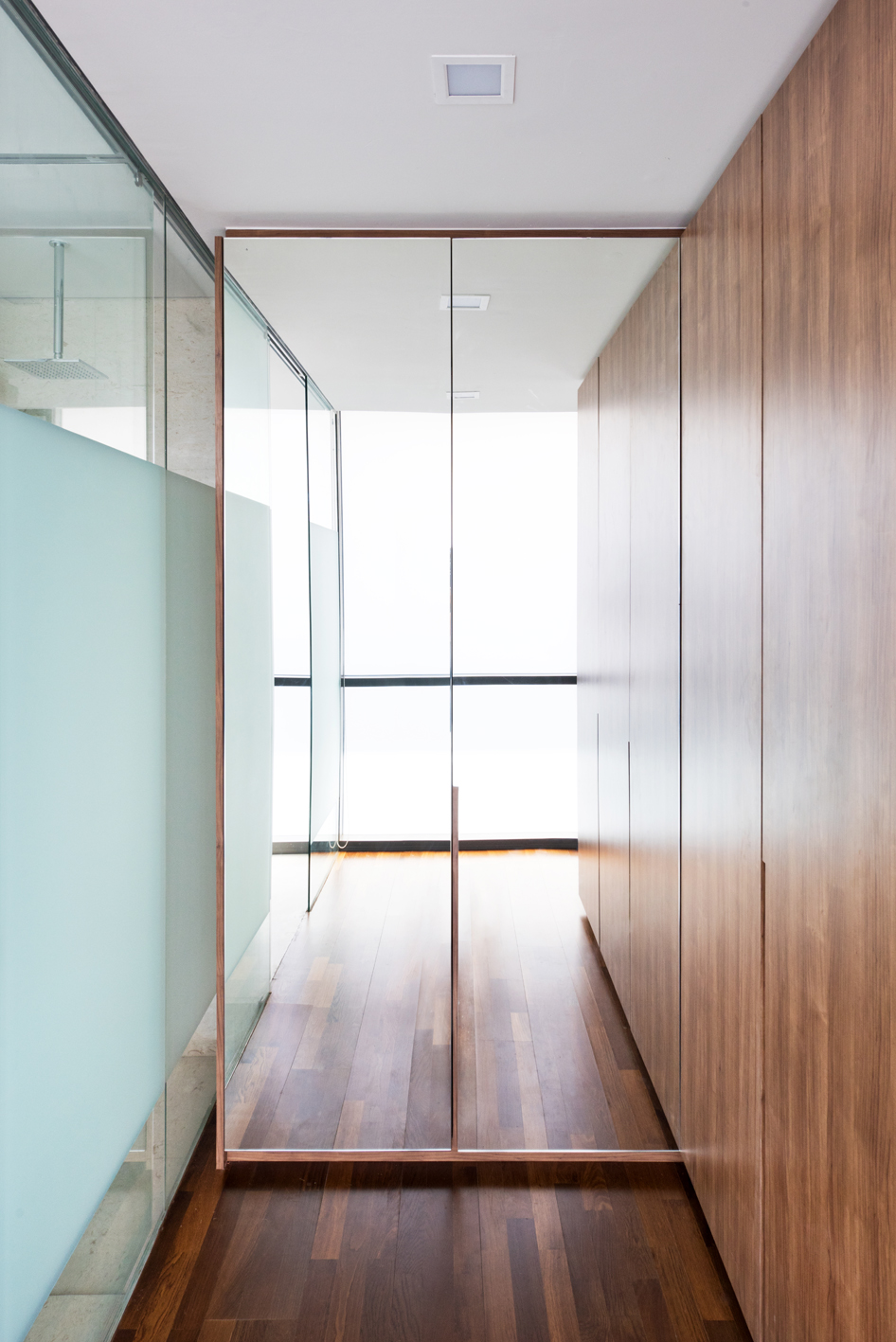 Walk in closet with mounted full-height mirror