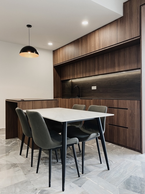 Dark mahogany Kitchen with Dining table joint with Island