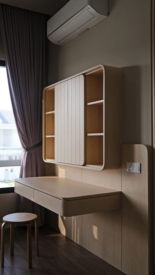 a wooden cabinet with shelves and table top