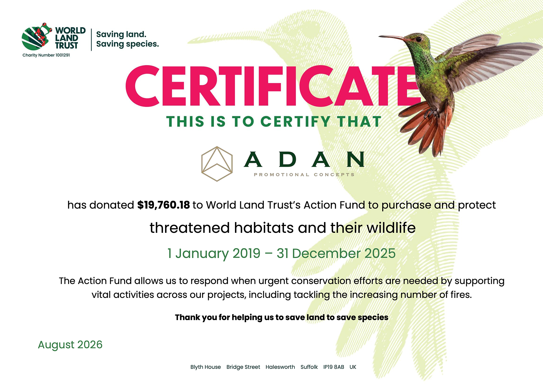 Certificate of World Land Trust projects in Ecuador