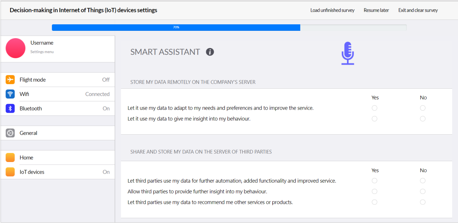 User interface to test behaviour while sharing data for IoT devices.