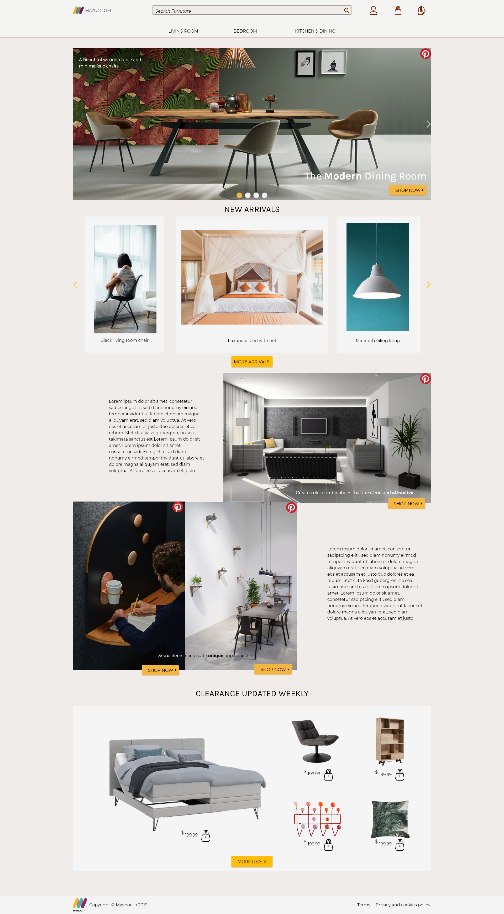 The homepage for a furniture website created for a fictional client.