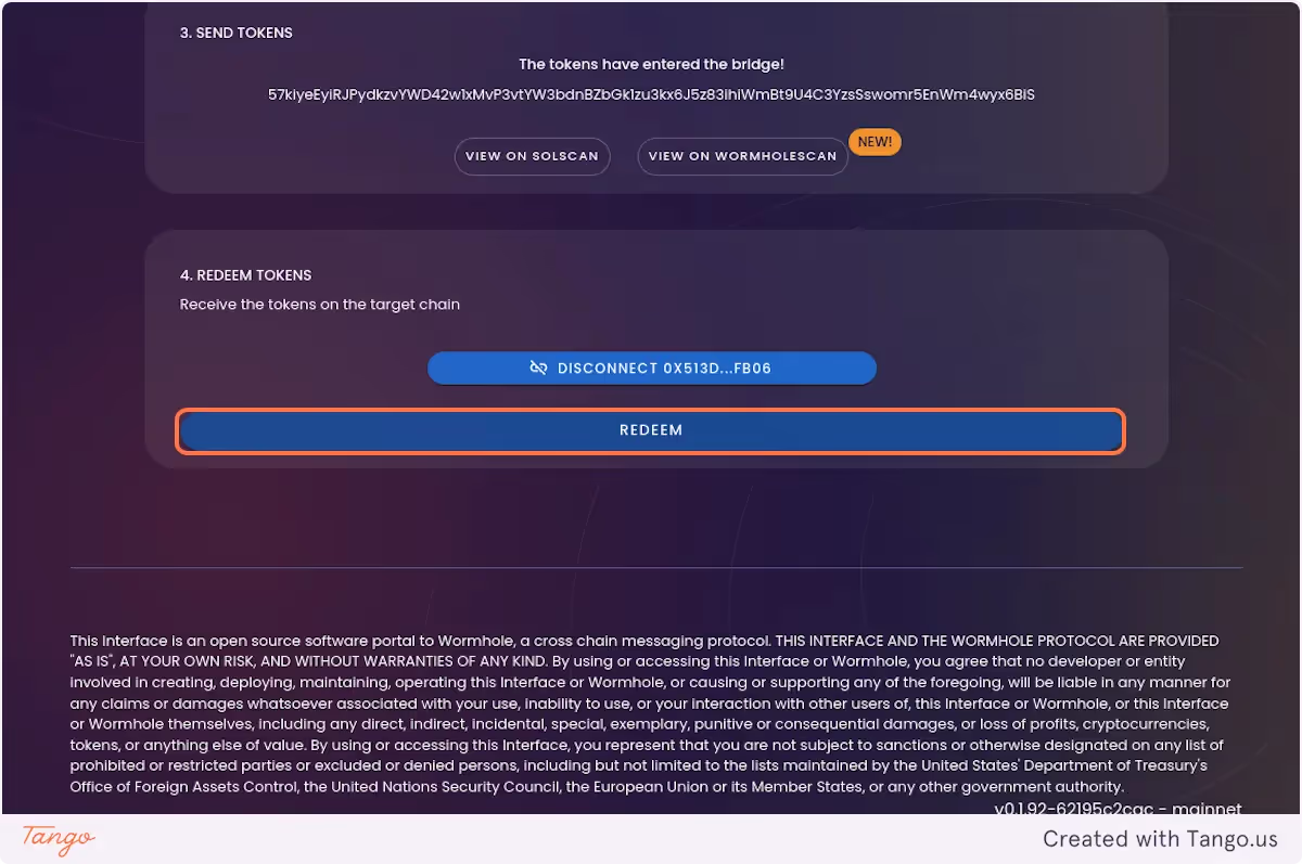 On the original bridging transaction page, click on REDEEM.