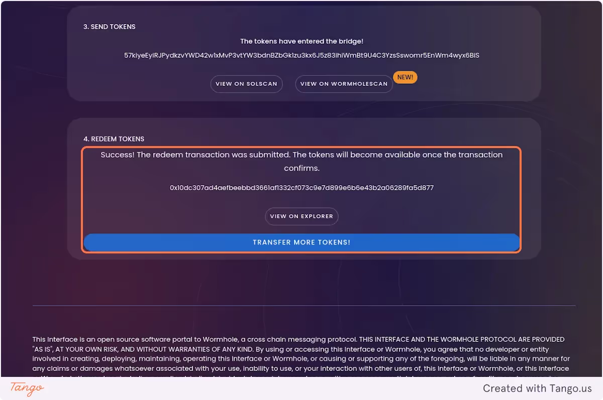You should see a message that says, "Success! The redeem transaction was submitted"