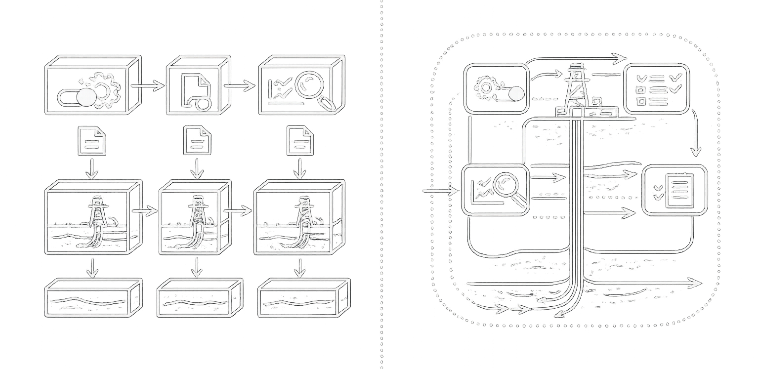 Diagram comparing a fragmented multi-step industrial process workflow with a streamlined integrated industrial workflow, showing steps connected by arrows including settings, data monitoring, oil rig, and final outputs.