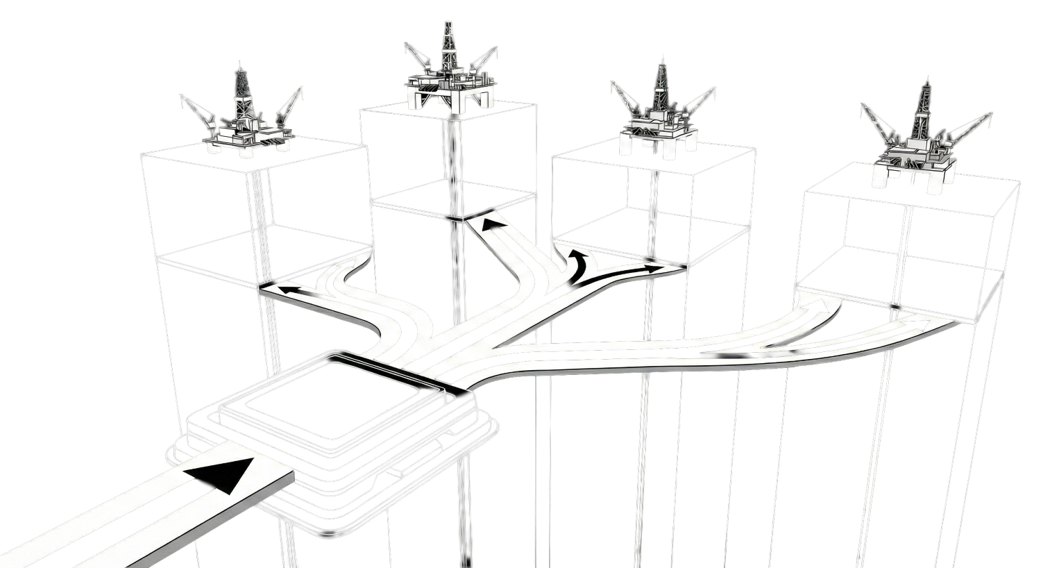 Flowchart showing data from an oil rig connected to a server system, which splits into three paths: one leading to maintenance tasks and temperature monitoring, another to performance tracking with location mapping, and the last to team management and battery status.