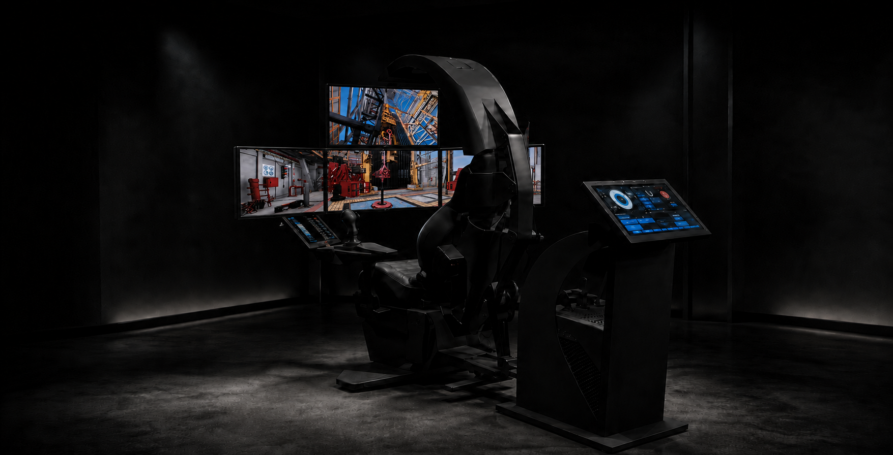 Endeavor X2 simulator with three lower displays and one centered upper display