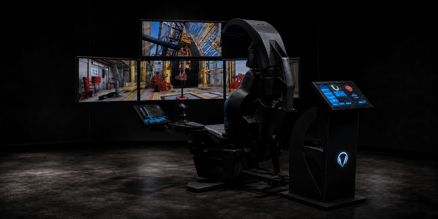 Endeavor X2 four-display immersive monitor configuration showing a semi-submersible rig floor
