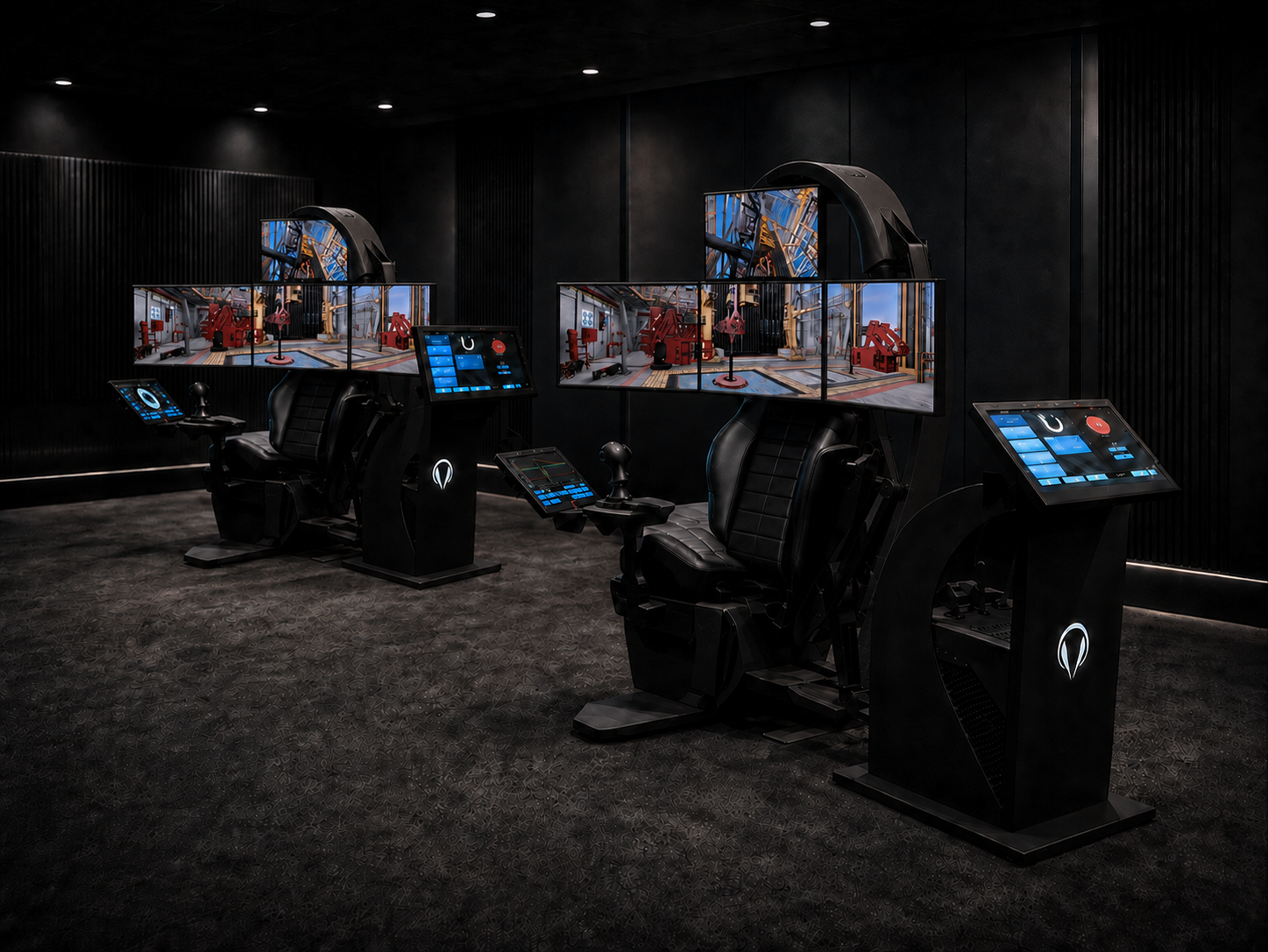 Two networked Endeavor X2 stations with four-display monitor arrays