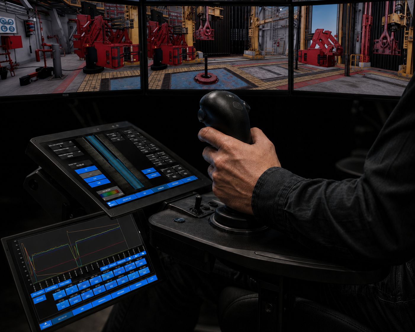 X2 armrest controls beneath the three-screen lower panoramic display row