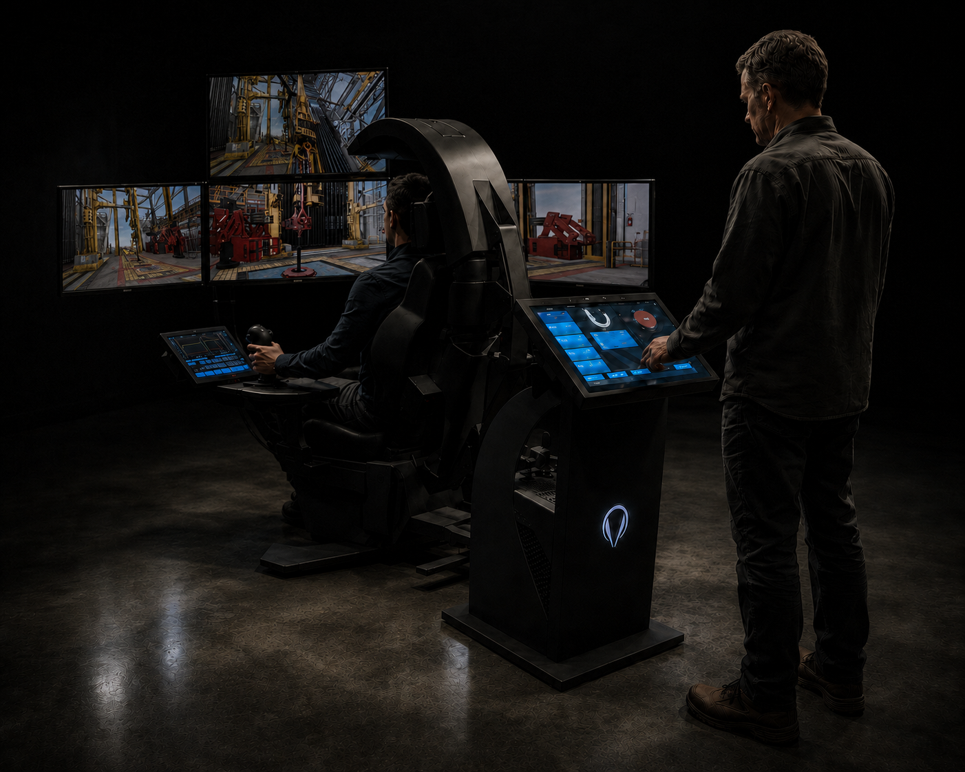 Instructor monitoring an X2 simulator with three lower screens and one upper screen