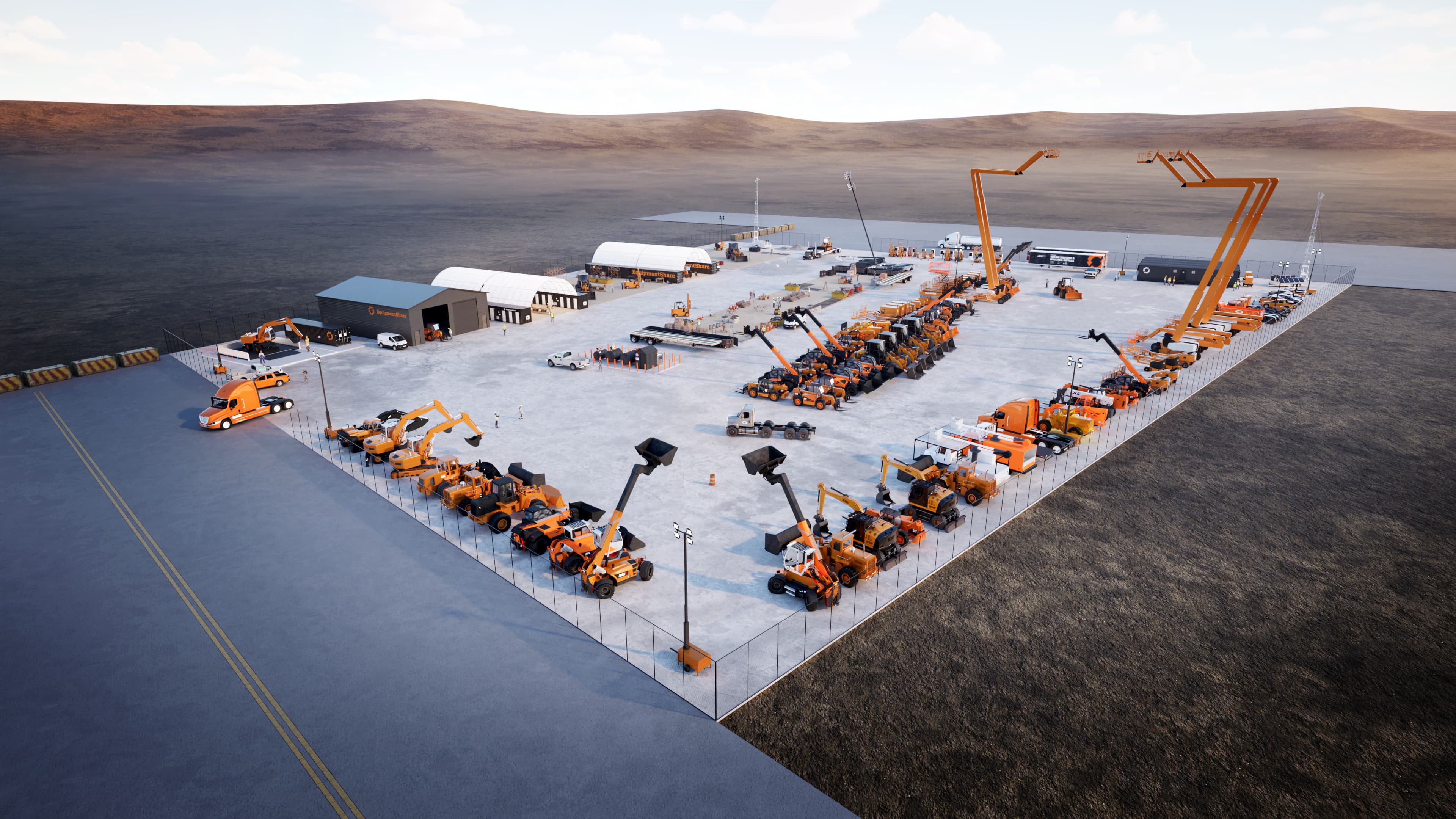 Aerial view of an onsite equipment rental yard