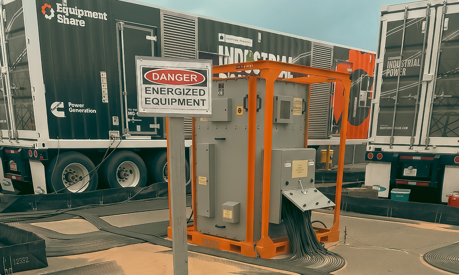 Large industrial electrical equipment housed within an orange frame, with multiple thick cables exiting a control panel, next to a sign warning 'DANGER ENERGIZED EQUIPMENT' and trucks labeled 'Equipment Share' and 'Industrial Power' in the background.