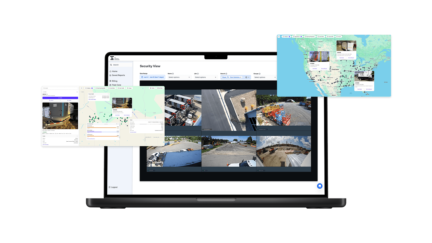 The EquipmentShare T3 platform Security View open on a laptop, with pull-out panels showing the live national asset map and multi-camera jobsite feeds