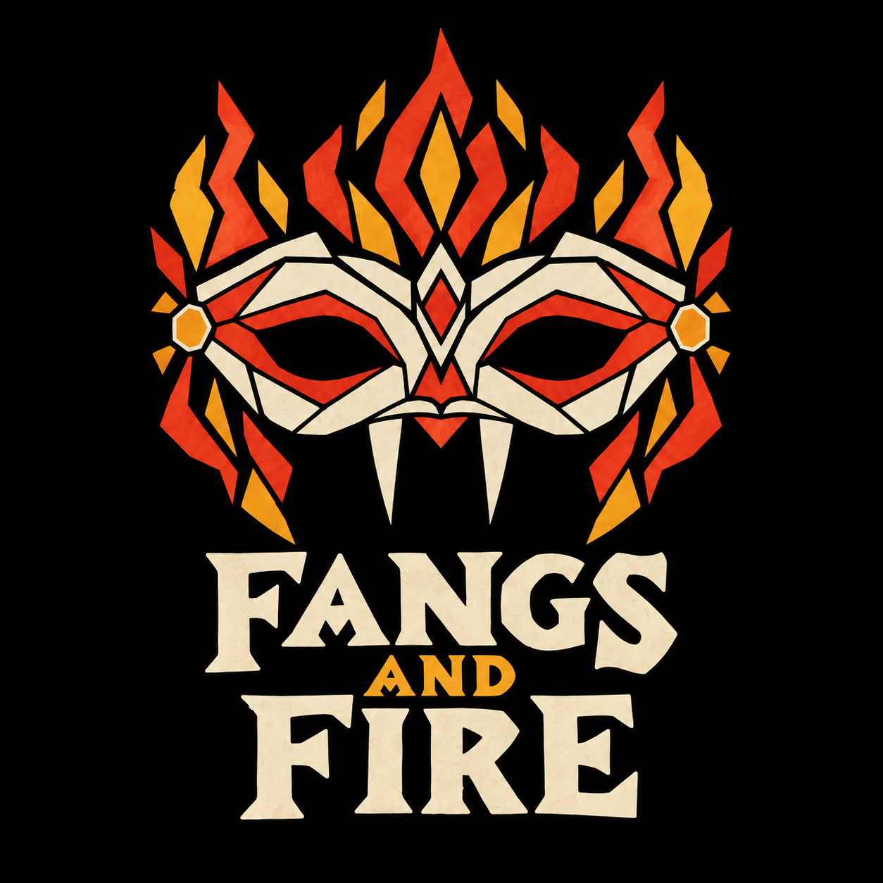 Fangs and Fire: geometric masquerade mask with vampire fangs and red and amber flames on black