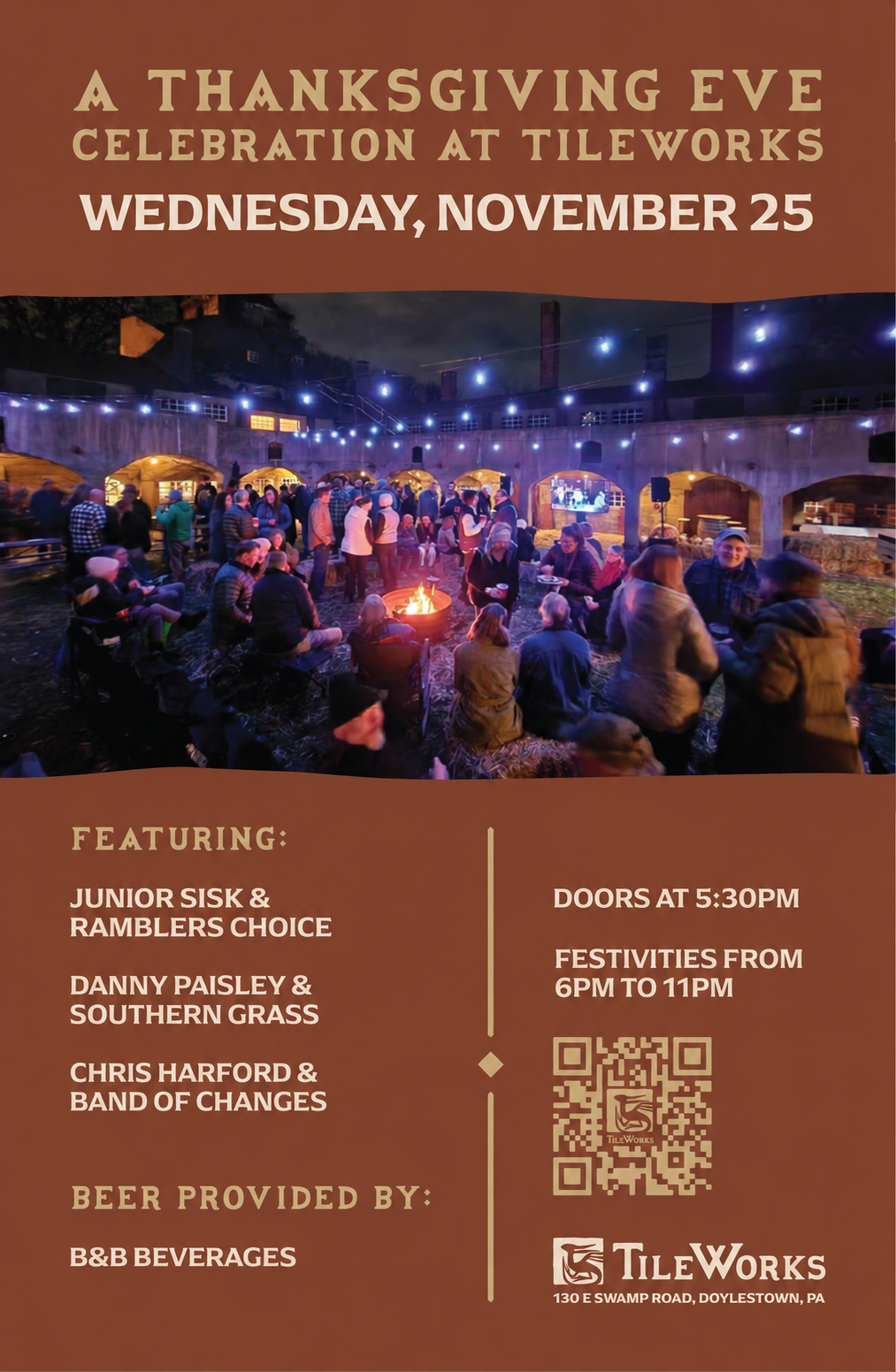 Thanksgiving Eve Celebration at TileWorks, November 25, featuring Junior Sisk & Ramblers Choice, Danny Paisley & Southern Grass, and Chris Harford & Band of Changes.