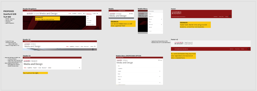 Redesigned header and footer components developed for the Teaching & Learning Hub Media and Design website