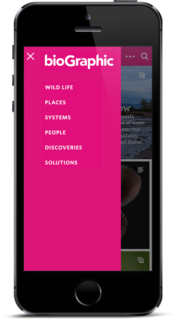 Mobile navigation drawer showing the subject taxonomy: Wild Life, Places, Systems, People, Discoveries, Solutions.
