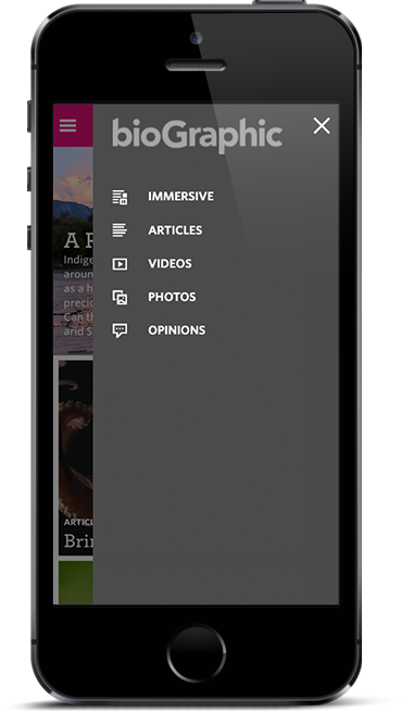 Mobile navigation drawer showing the format taxonomy with icons: Immersive, Articles, Videos, Photos, Opinions.