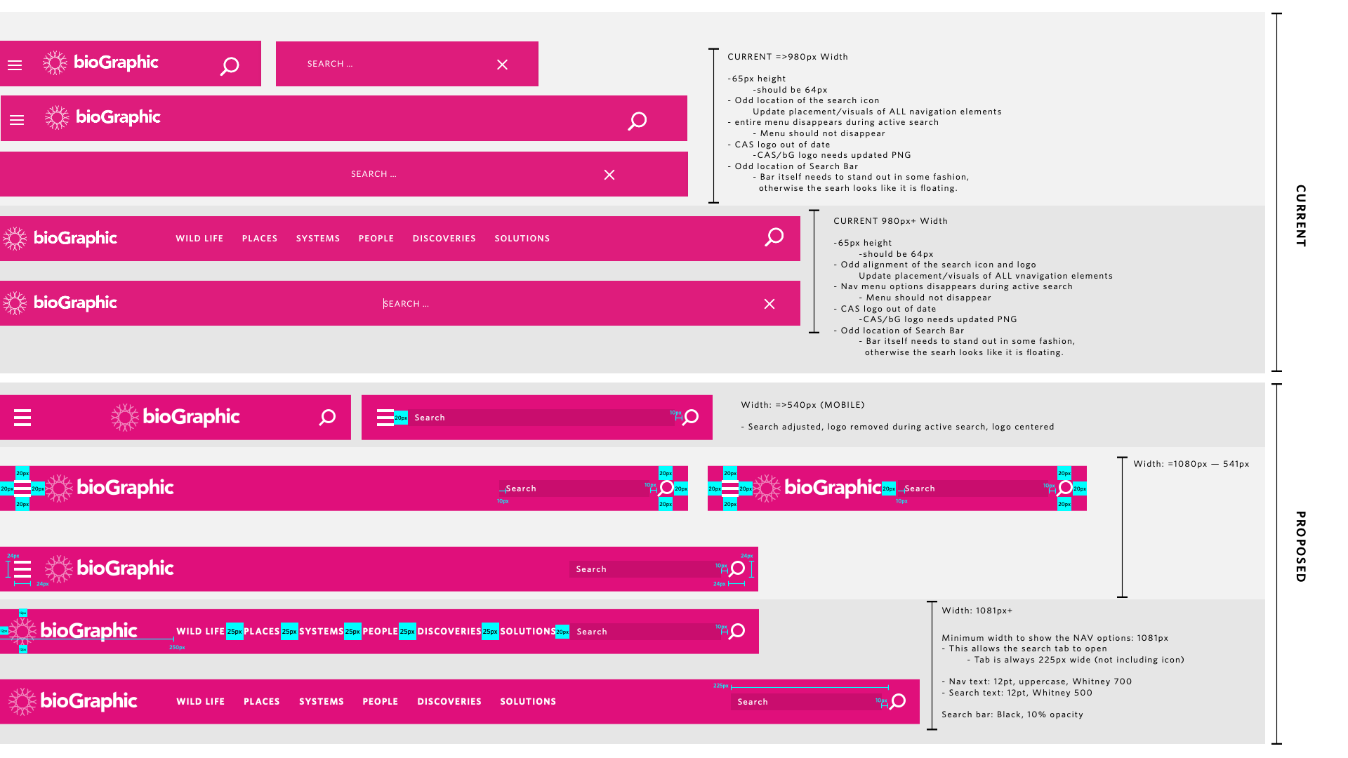 Navigation specification comparing current and proposed desktop headers at four widths, annotated with defects and with proposed spacing, type and breakpoint measurements.