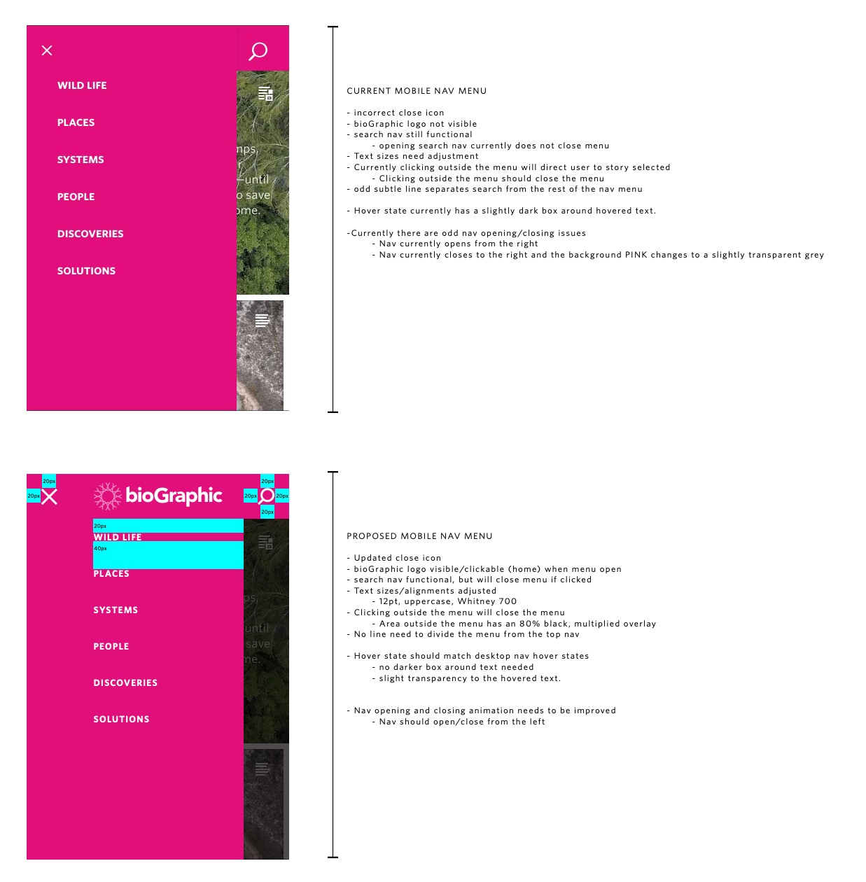 Mobile navigation drawer, current beside proposed, with a written list of defects including the wrong close icon and tapping outside the menu navigating instead of dismissing.