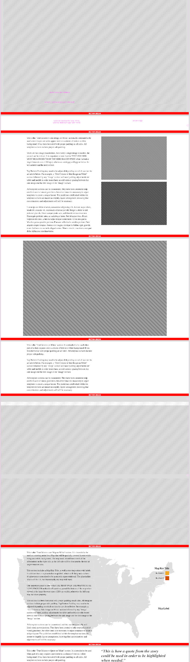 Greybox wireframe of a full story page with each stacked module outlined in red.